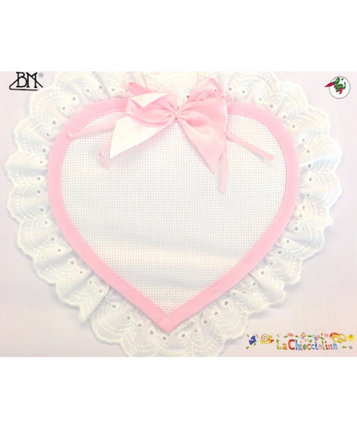 Sopra culla in tela aida bianca con pizzo Cuore Rosa cm 23x21