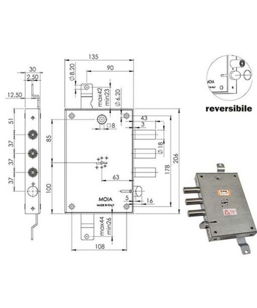 SERRATURA SIC.TRIPLICE DX DM E63      614/370 MOIA