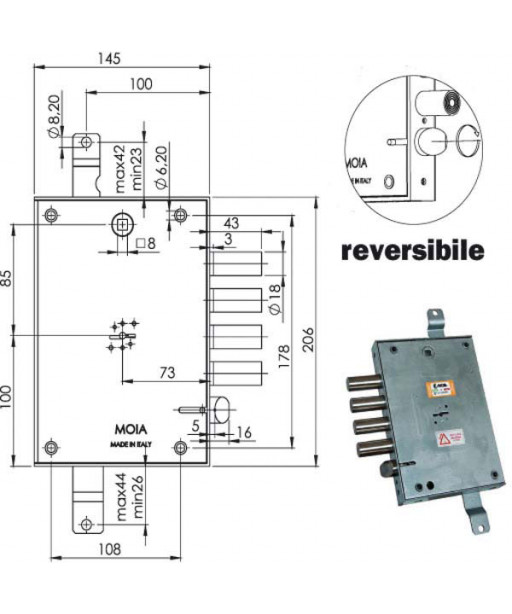 SERRATURA SIC.TRIPLICE DX DM E73      614/281 MOIA