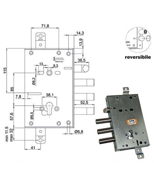 SERRATURA SIC.TRIPLICE CIL. E63 RCI664+21/380 MOIA