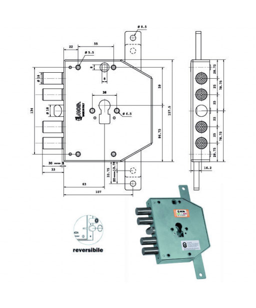 SERRATURA SIC.TRIPLICE DX CIL. E63 RCO654/250 MOIA