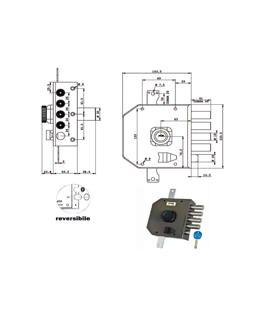 SERRATURA SIC.TRIPLICE DX POMPA         JA424 MOIA