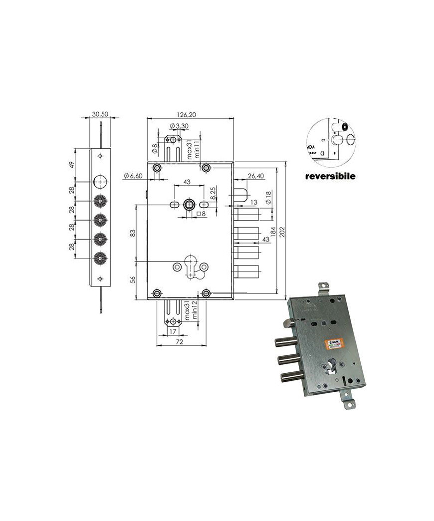 SERRATURA SIC.TRIPLICE CIL. E63 RCI664+10/280 MOIA