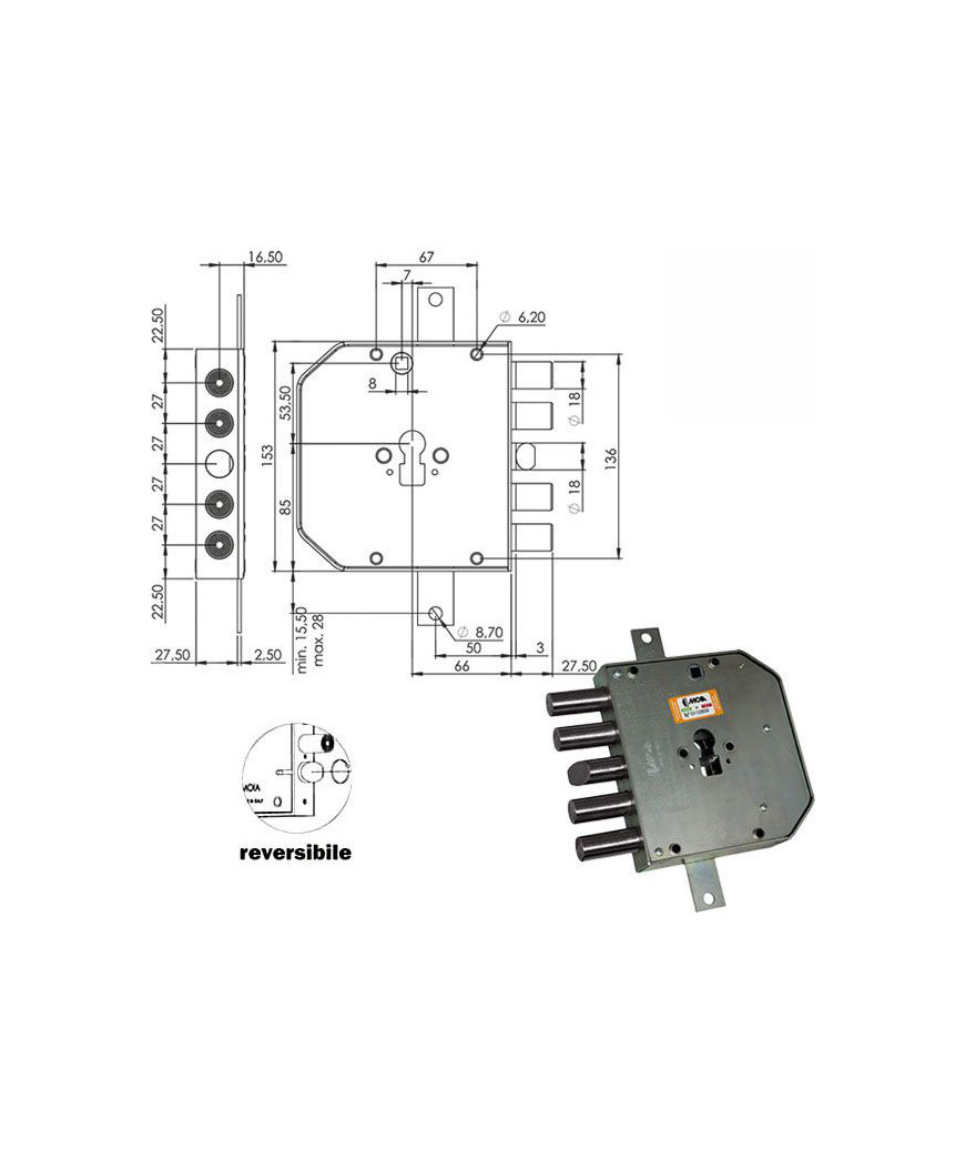 SERRATURA SIC.TRIPL.DX CIL.E63  RES654+33/270 MOIA