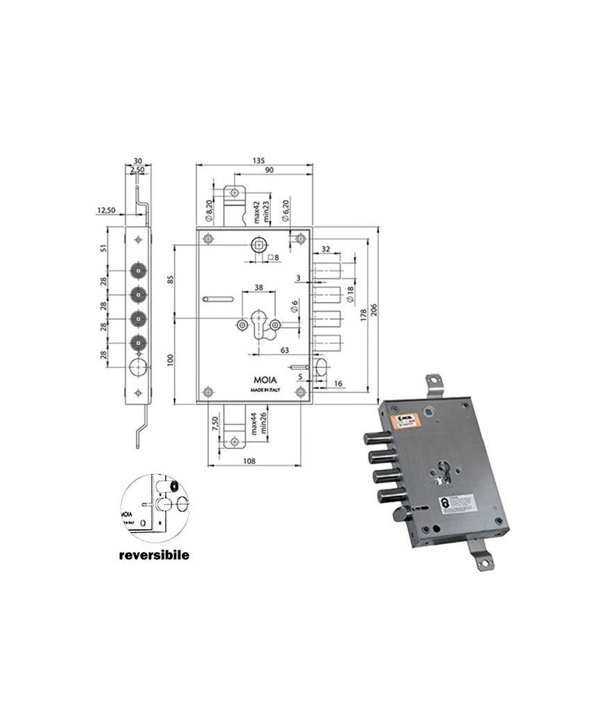 SERRATURA SIC.TRIPLICE SX CIL.E63 RMEF664/280 MOIA