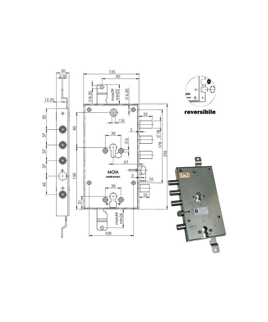 SERRATURA SIC.TRIPLICE CIL. E63  RMTO6654/370 MOIA