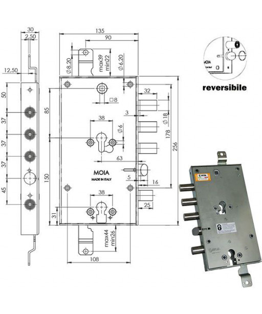 SERRATURA SIC.TRIPLICE CIL. E63  RMTO6654/370 MOIA