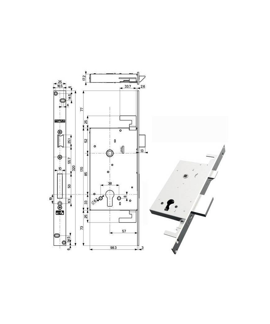 SERRATURA INFILARE FERRO TRIPLICE    89B85 MOTTURA